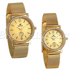 Couples Luxury Gold Stainless Steel Rhinestone Mesh Band Date Quartz Wrist Watch