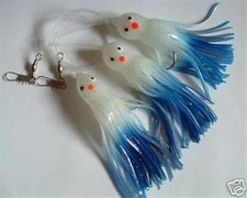 3 Set New Rigged Squid Trolling Fishing Lure 4" glow White/Blue