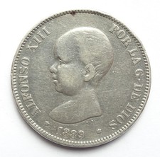 5 Pesetas 1889 M (Madrid) Espagne Alfonso XIII Argent état TB 24gr53
