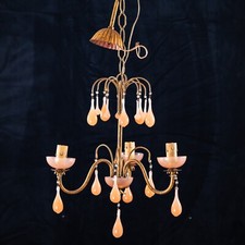 Antique French Chandelier Opaline Glass Pink  Drops 3 Three Lights 1930s