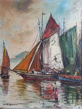 tableau ancien marine "scène de bateaux  pecheurs"  sig urban