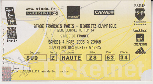 Billet match rugby - match,