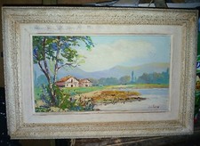 Tableau Huile sur panneau Bord de Nivelle signée Duchein Pays Basque