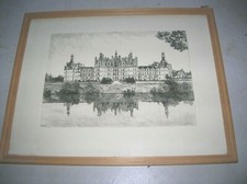 Estampe Gravée de Léopold ROBIN -  Château de Chambord - 1936 - Cadre bois