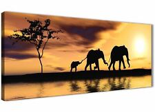 Art mural toile animal éléphants au coucher du soleil africain en jaune moutarde