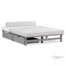 Cadre  lit 140x200 Double Gris Matelas Tiroirs Bois Massif Sommier Homestyle4u
