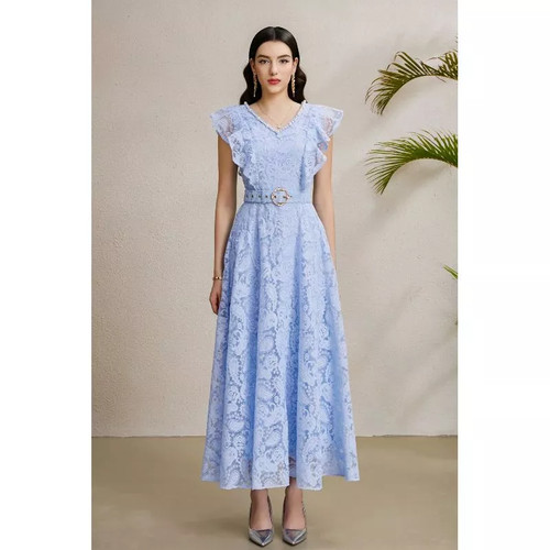 Robe bleu dentelle long - bleu, en