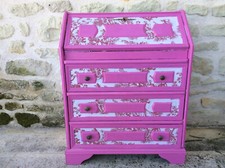 commode ancienne secretaire "bonheur du jour" habillée toile de jouy rose