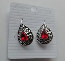 Boucles d'oreilles pendantes en forme de goutte, pierre rouge, argenté vieilli