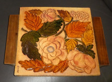 Roger Capron Dessous De Plat En Céramique Et Bois Années 60 signé décor de fleur
