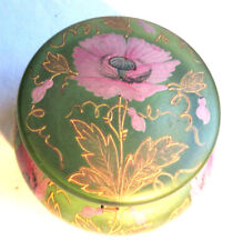 Bonbonnière Art Nouveau, verre vert et laiton émaillé LEGRAS: Les Pavots roses