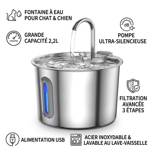 Fontaine eau chat inox - inox, 2.2l