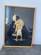 ancien cadre femme japonaise en marqueterie bois paille deco retro ethnique 