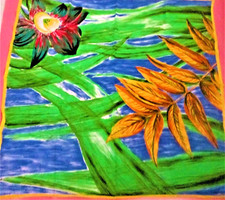 * JACQUES ESTEREL * SILK SCARF * BIG LEAVES AND FLOWER * GREEN-BLUE-YELLOW-RED *