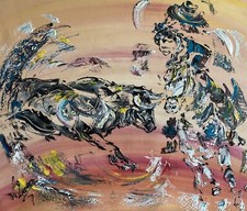 LINARD PEINTURE TOILE Tableau Corrida Tauromachie Cheval Taureau 55x46cm Neuve