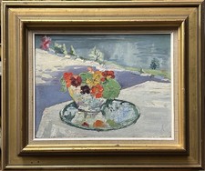Flowers on Table Still Life Antique Original Oil Painting on Hardboard, Framed