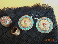 LOT BIJOUX NEPAL  FAIT MAIN TURQUOISE CORAIL?? BAGUE  BOUCLES OREILLES  ARGENT