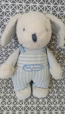 Doudou peluche lapin chien blanc salopette rayée bleue blanc Bébé Jacadi 20 cm