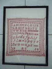 TABLEAU BRODERIE ABECEDAIRE ANCIEN 1958 MONOGRAMME RS