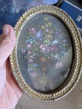 Peinture Sur Bois Signée - Cadre Oval - Bouquet (Russie?)