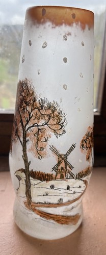 Vase verre emaillé - verre, signé