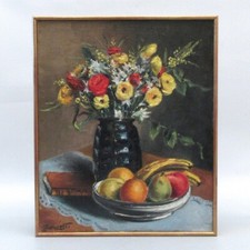 Vintage French Oil Painting, Bouquet of Flowers, Still Life, Fruit, Book, Signed