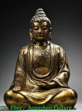 Old Tibet Pure Bronze Gilt Sit Shakyamuni Sakyamuni Amitabha Buddha Statue