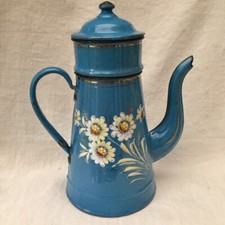 Divine Antique Vtge FRENCH Enamelware COFFEE POT Raised Daisies / Blue Cafetière