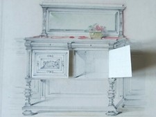Dessin original crayon et aquarelle et articulé  d'un meuble SCHMIT PARIS 1900