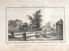 GRAVURE  ILES CAROLINES  " HABITATION  DE L' ILE VALAN  "