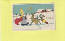 CPA DANS LA NEIGE SAINT-NICOLAS TIRE UN ANE AVEC UNE HOTTE REMPLIE DE CADEAUX