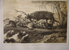 Lithographie Une chasse au Cerf Chiens de chasse à courre Chasseurs Vénerie