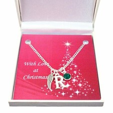 Ange Aile Collier Avec Lettre & Pierre de Naissance en Un Noël Cadeau Boîte.