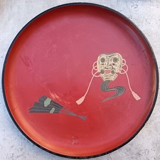 Ancien joli plateau laque rouge et noire décor éventail & masque Nô - Japon C7