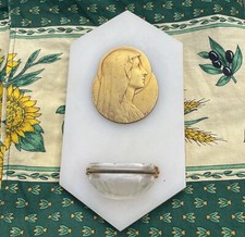 Antique Holy Water Font White Marble Virgin Mary Profile Brass Gold Wall French