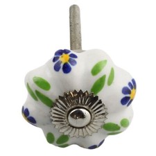 Bouton de meuble en céramique Poignée de porte Shabby Chic Rosette Fleur bleu-or