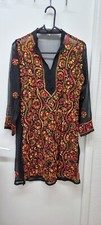 Haut Tunique Robe Brodé Noir Multicolore Motif Fleurs Vintage Hippie Bohême Chic