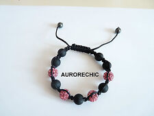 BRACELET SHAMBALLA PERLE NOIR MAT REGLABLE COULEUR ,ARGENTE,ROSE