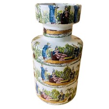 Vase vintage cylindrique céramique décor oriental Mid-century H 27 cm