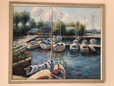 Tableau huile paysage marin, bateaux signé XXème