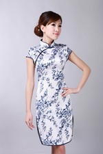 Joli Mini Robe Chinoise Qi-Pao Blanc/Bleu en Coton Tissé ImpriméTailles au choix