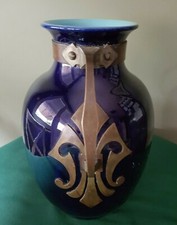 Vase Sarreguemines, anses bronze Fleur de Lys, Ancien XIX ème (32 cm) -  RARE