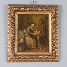 Tableau Ancien Scène avec Grand-Père et Petit Fils XIXe Siècle Original