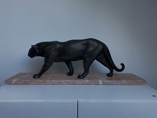 PANTHÈRE PAR RULAS EN RÉGULE NON SIGNÉE AVEC MARBRE ART DÉCO 80CM PATINE