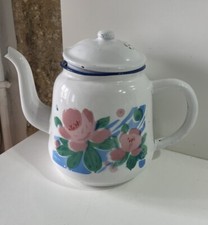 Ancienne Théière En Tôle ÉMAILLÉE Émail à FLEURS vintage déco cuisine ENAMEL