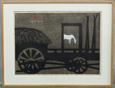 Kiyoshi Saito Japon Estampes sur bois Cheval de ferme Hokkaido Campagne Monoc...