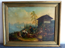 Tableau montagne peinture ancienne 19 siècle XIX paysage montagneux chasseur