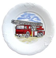Assiette Porcelaine véritable Camion pompier Iveco Magirus Grande échelle