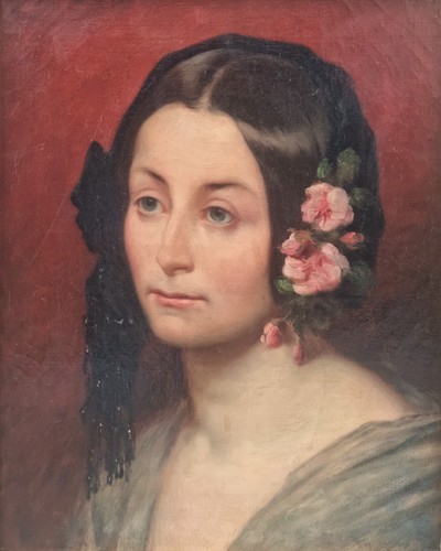 Tableau portrait femme fleurs - tableau,