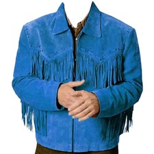 Veste homme rétro bleu vintage en daim western cowboy veste à franges en...